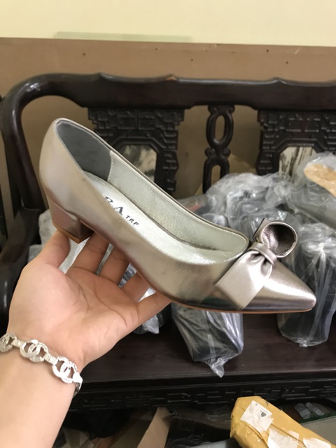 Giày Cao Gót Đính Nơ Da Thật Đế 4cm