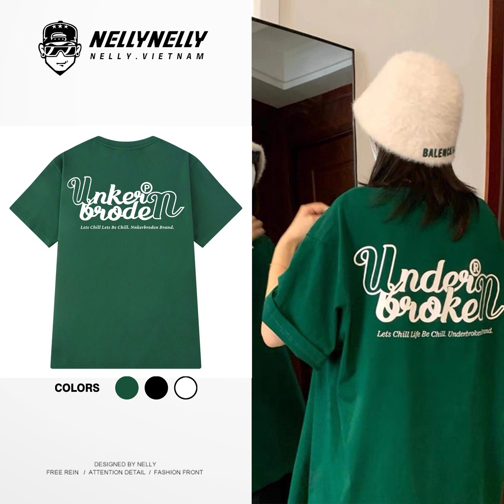 Áo thun xanh lá NELLY chất cotton 100% dáng rộng tay lỡ in hình Under Broken