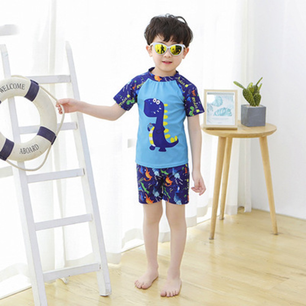 3-13Yrs Toddler Cartoon Dinosaur Split Swimsuit Baby Boys Korean Style Summer Blue White Swimsuit + Swimcap