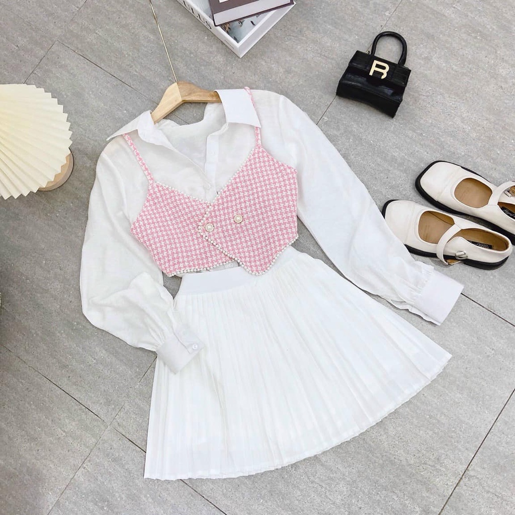 SET 3 món Áo sơ mi trắng kèm Gile caro hồng và Chân váy xếp ly NÀNG CLOSET