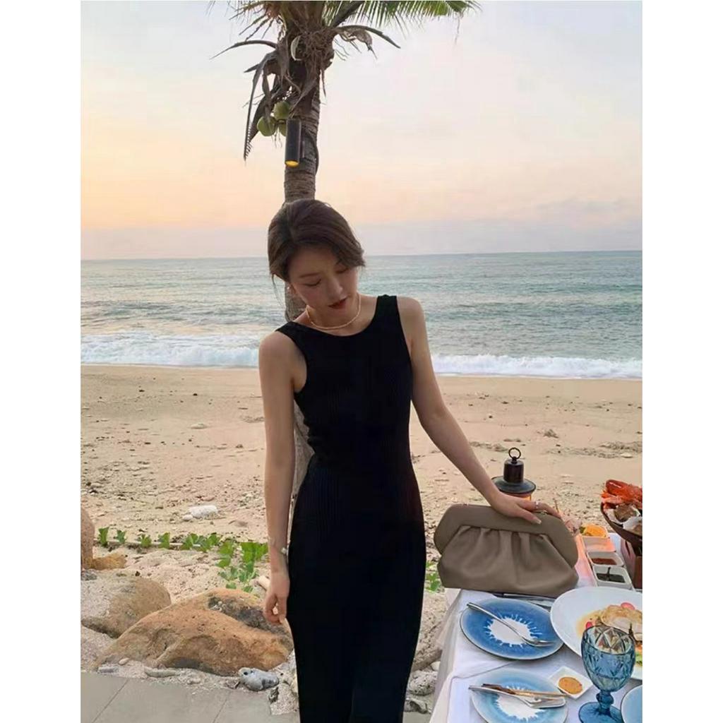Đầm Ôm Dệt Kim Cổ Tròn Xẻ Tà Màu Trơn Thời Trang Mùa Hè Hàng Mới Dành Cho Bạn Nữ