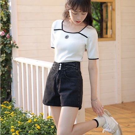 Áo dệt kim ZHELIHANGFEI ngắn tay cổ vuông thêu họa tiết xinh xắn