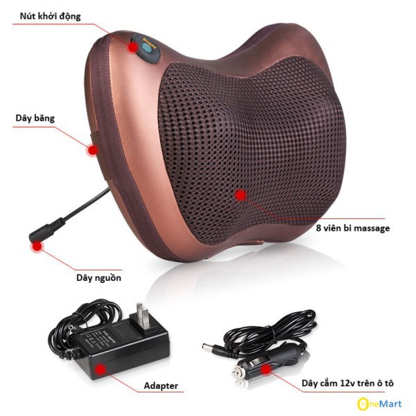 (MS88) Gối Mát Xa Hồng Ngoại Đa Năng 8 Bi Đảo Chiều (Nâu) - Hàng Chất Lượng loại 1 + Tặng Cáp Sạc Dây Rút 4 Đầu