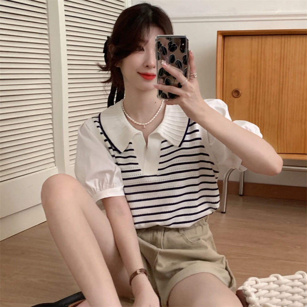 Áo Thun polo Giả Hai Lớp Tay Phồng Họa Tiết Kẻ Sọc Dành Cho Nữ JL-TX-513