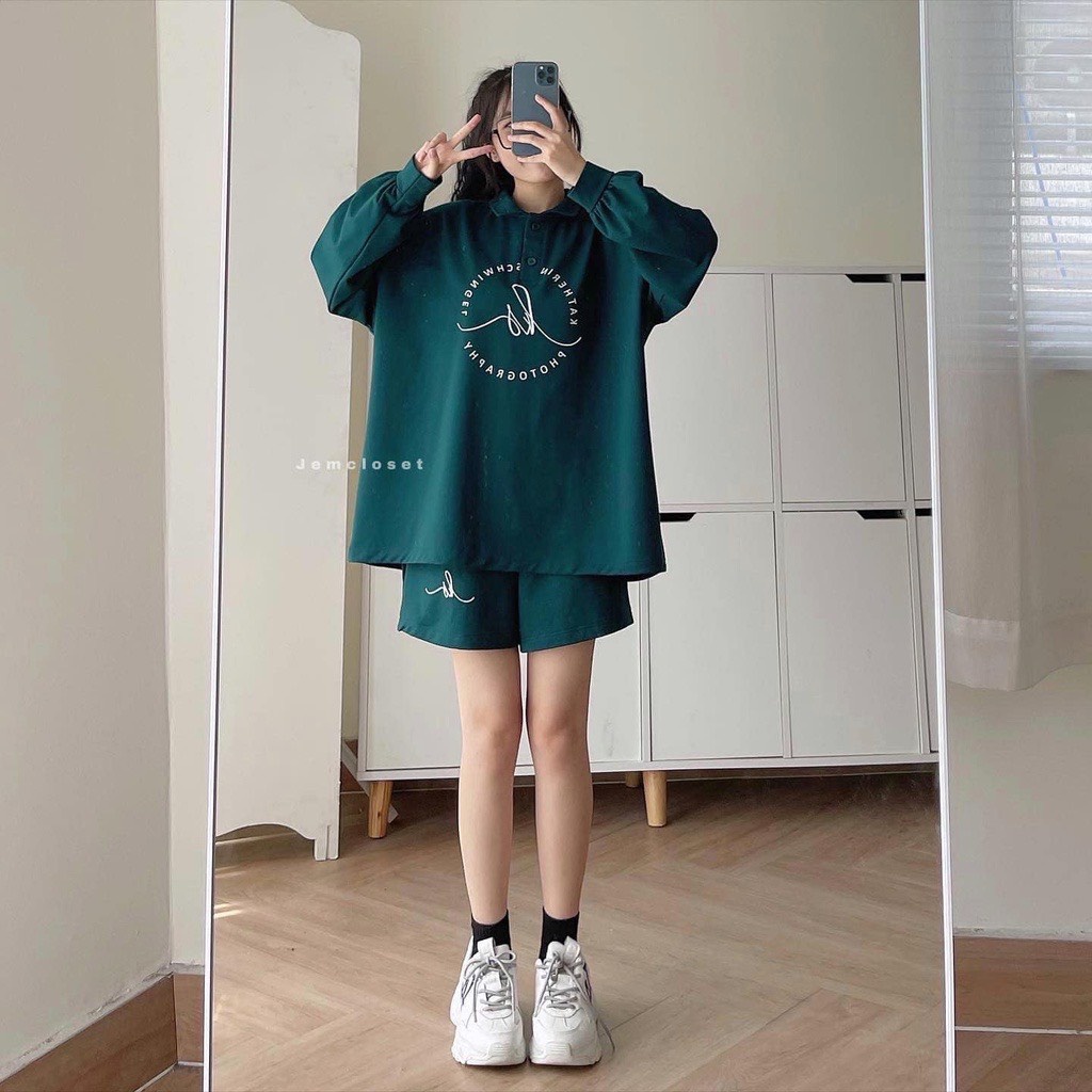 Set đồ nam nữ form rộng unisex, áo polo dài tay cúc cài kèm quần short đùi thêu logo chất thun tăm hottrend