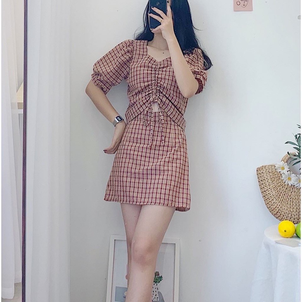 Set váy kẻ caro 2 màu freesize giá siêu rẻ - Set áo croptop rút ngực mix chân váy chữ A dáng ngắn SS36