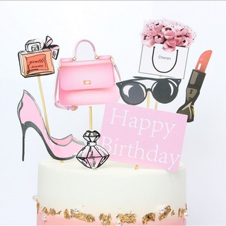 Phụ kiện trang trí bánh sinh nhật_Set que HPBD quý cô chanel hồng