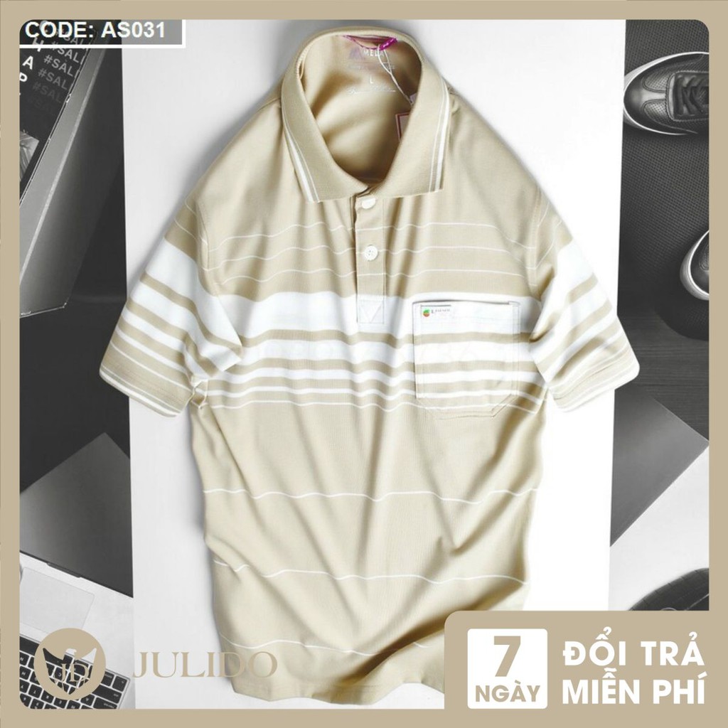 Áo Polo Nam Phối Sọc Trung Niên Cổ Bẻ Có Túi Vải Cá Sấu Cotton Xuất Xịn -ÁO POLO NAM