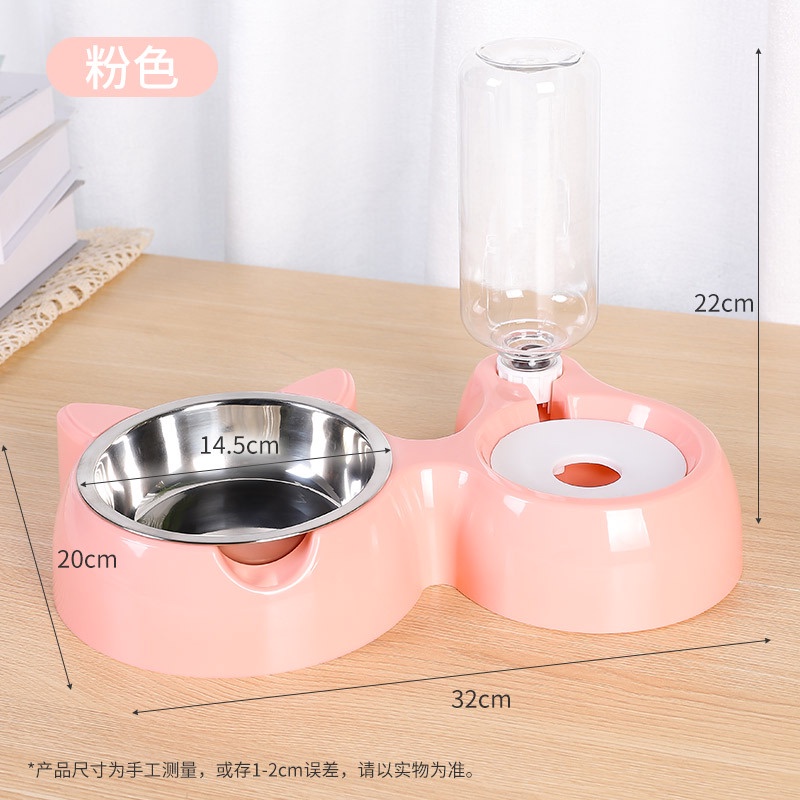 Bát ăn cho chó mèo thú cưng hai ngăn đôi có bát inox khay bình nước tự động hình tai mèo