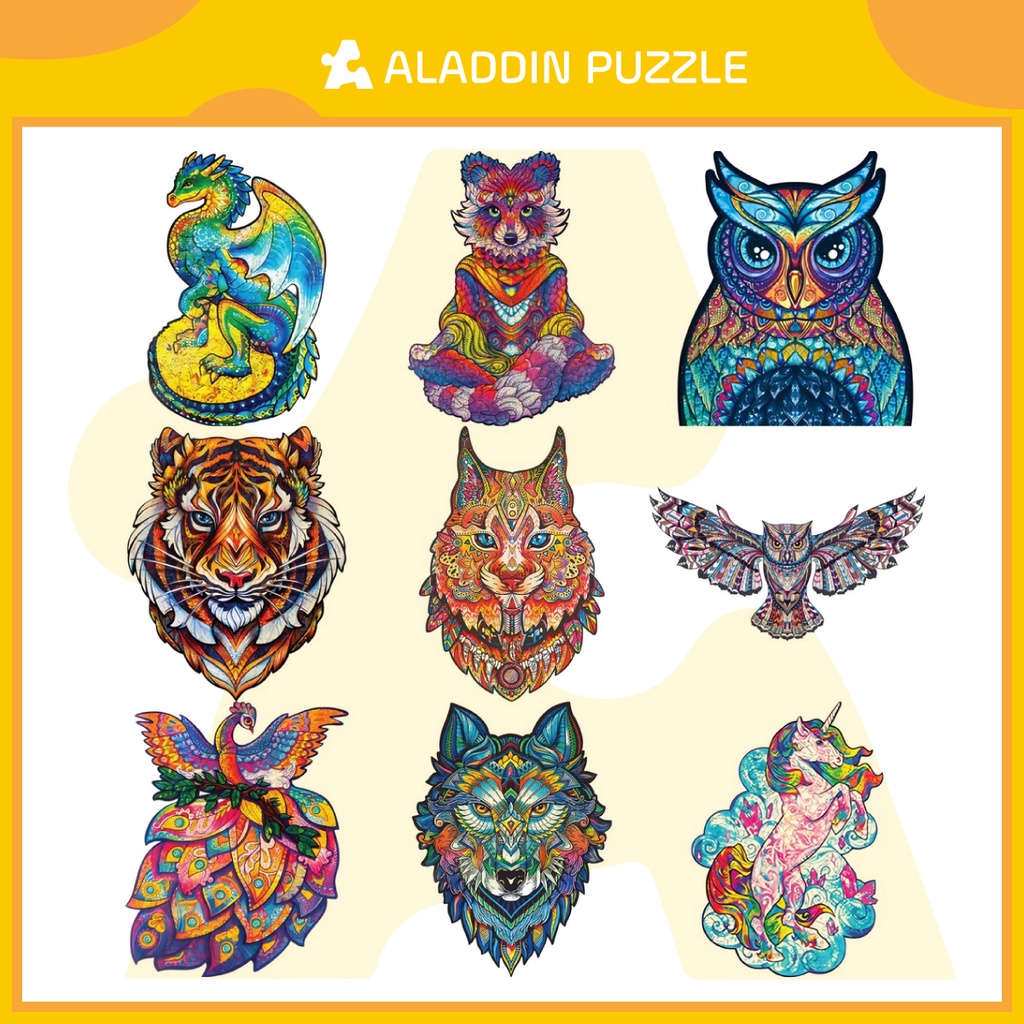 Bộ Xếp Hình Gỗ Aladdin Puzzle Ghép Hình Puzzle Con Vật Tổng Hợp - Con Cáo, Mèo, Hổ, Cá, Chó, Búp Bê Squid Game