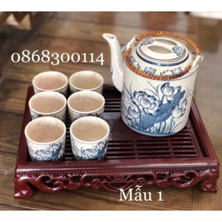 Ấm tích men rạn( quai mây) có kèm khay như hình