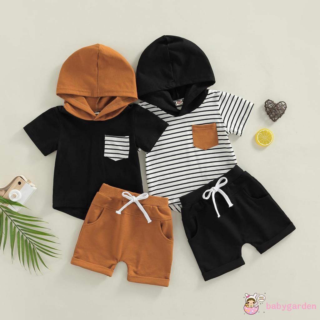 Bộ Áo Hoodie Ngắn Tay Kẻ Sọc Màu Sắc Tương Phản Phối Quần Short Thời Trang Mùa Hè Cho Bé Trai 1-5 Tuổi