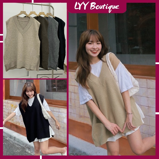 Áo gile nữ CỔ TIM xẻ tà form rộng oversize, Áo gile len lông thỏ dày mịn style Hàn Quốc LYY BOUTIQUE