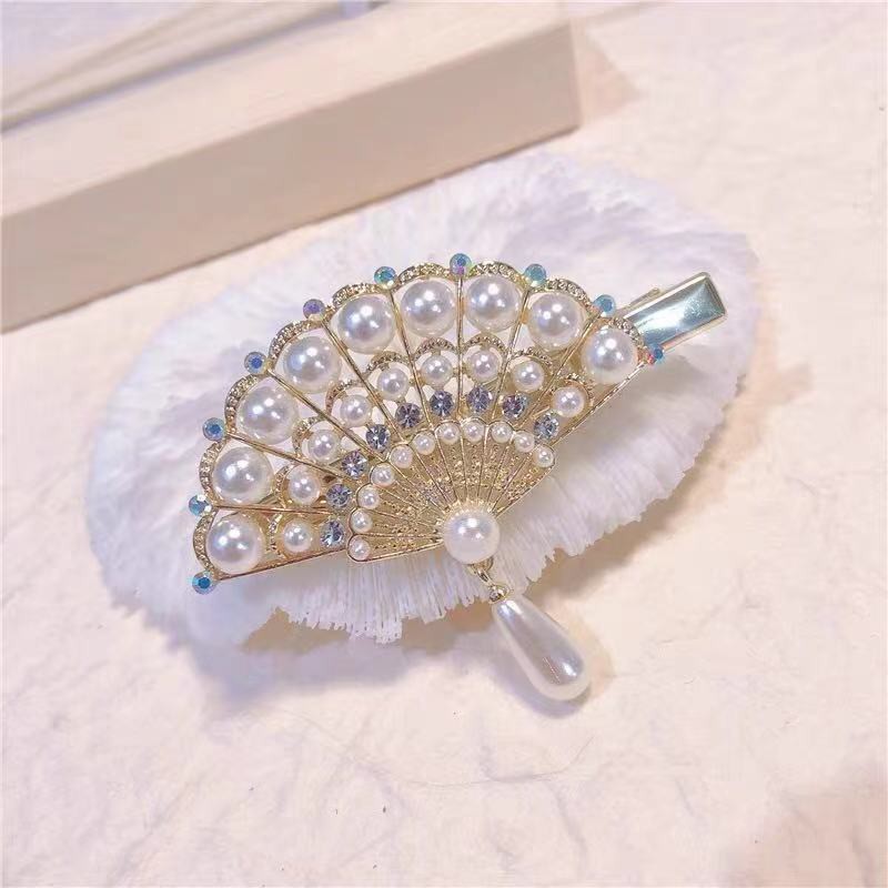 Kẹp tóc hình cây quạt đính ngọc trai phong cách thời trang Hàn Quốc