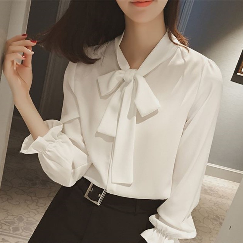 Áo Kiểu Tay Dài Chất Chiffon Phối Nơ Thiết Kế Màu Trơn Thanh Lịch