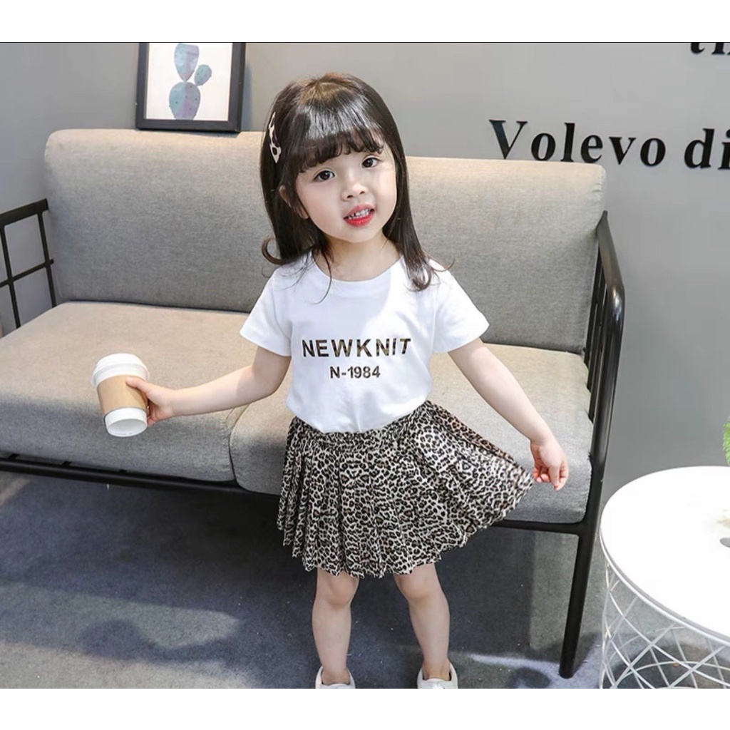 VAY38 - Váy bé gái, Sét váy áo cho bé gái, chân váy báo nâu + áo thun cotton trắng, từ 8-21kg