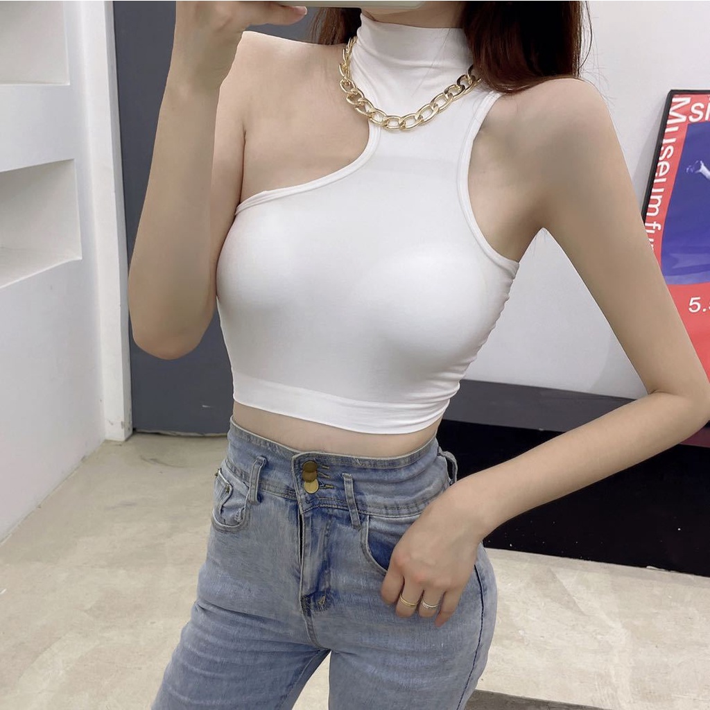 Áo croptop cổ lọ 3 phân, dáng ôm cổ yếm có đệm ngực chất thun mát co dãn