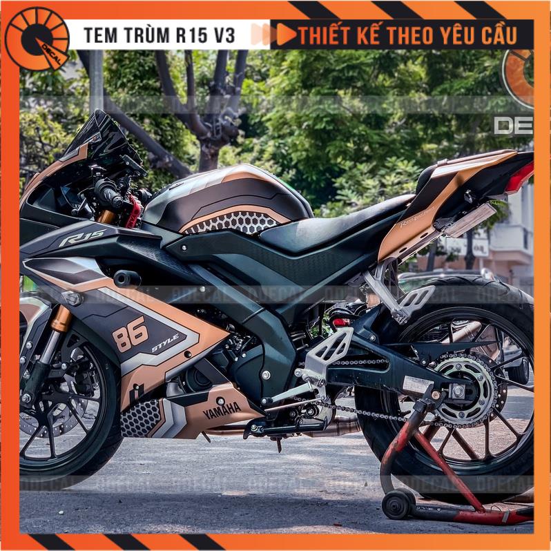 Tem trùm R15V3 robotech đen bạc vàng đồng thiết kế theo yêu cầu decal 3 lớp