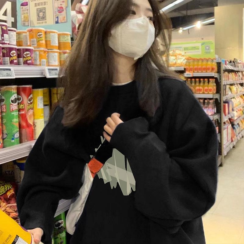 ZHELIHANGFEI Áo Thun Sweater Tay Dài Dáng Rộng In Chữ Preppy Dễ Thương