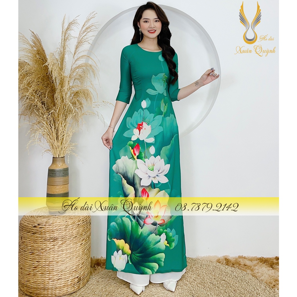 Áo Dài Truyền Thống Hoa Sen Trắng Phối Màu Xanh Ngọc Lục Bảo, Lụa Habutai K100 - Áo Dài Xuân Quỳnh