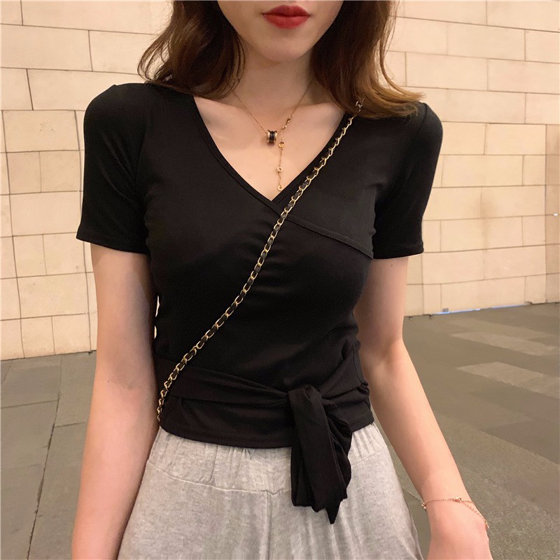 Áo Thun Nữ Tay Ngắn Cổ Chữ V Thời Trang Phong Cách Hàn Quốc