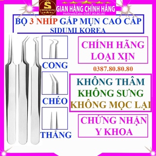 Bộ 3 Nhíp gắp mụn đầu đen cám ẩn cao cấp Sidumi đầu cong thẳng chéo nặn lấy nhổ mụn ở mũi mặt gắn mi giả gắp linh kiện