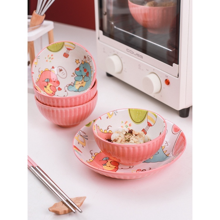 Bát sứ ăn cơm màu hồng, chén ăn cơm cho bé họa tiết khủng long dễ thương trang trí bàn ăn gia đình BÌN STORE