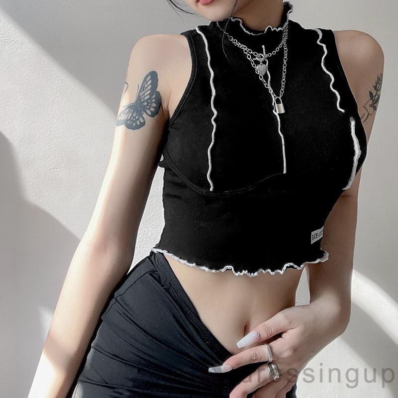 Áo Croptop Không Tay Thêu Chữ Phối Màu Tương Phản Dành Cho Nữ | BigBuy360 - bigbuy360.vn