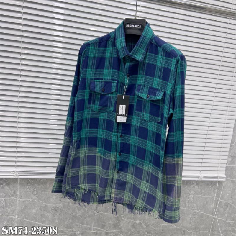 Áo sơ mi nam bbr rách gấu loang màu tay dài kẻ sọc caro chất liệu cotton không phai màu thấm hút mồ hôi