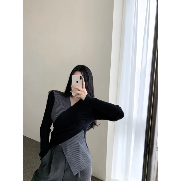 SUXI Áo kiểu dệt kim tay dài cổ chữ V bắt chéo màu sắc tương phản phong cách Hàn Quốc thời trang dành cho nữ