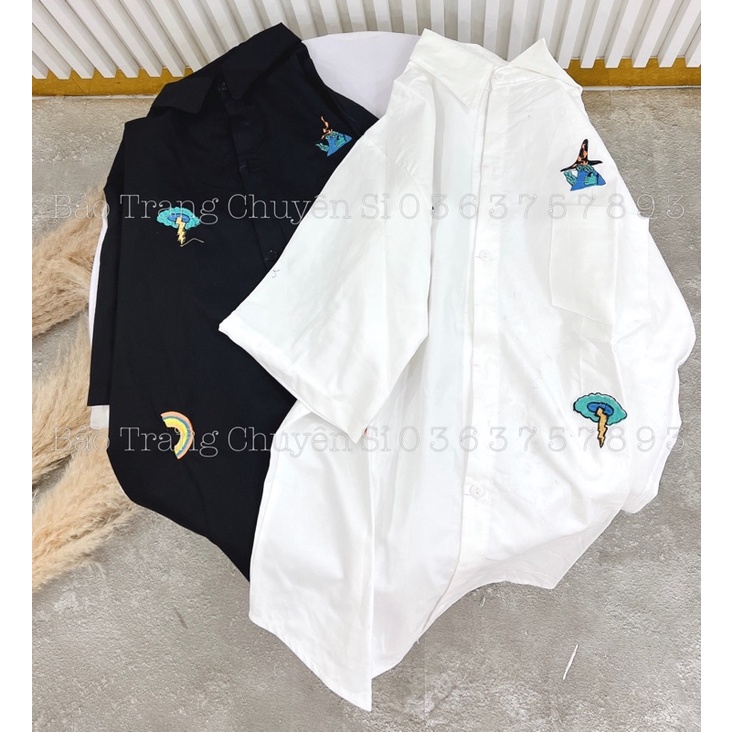 [VIDEO ẢNH THẬT SHOP QUAY] Áo Sơ Mi Tay Lỡ Unisex Form Rộng Nam Nữ Ulzzang Hình Thêu Chất Co Dãn Thoải Mái