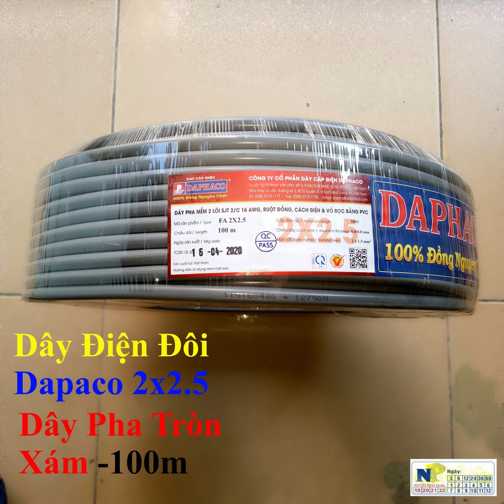 [DAPHACO] Dây Điện Đôi 2x2.5 - Cuộn 100 Mét Dây Pha Tròn Xám 2 Lớp Vỏ Bọc PVC