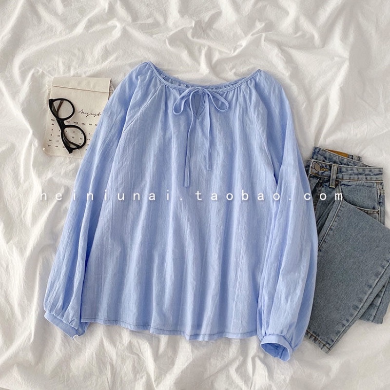 (Có Sẵn) Áo Babydoll Cotton Cổ Tròn Hoạ Tiết Kẻ Sọc Màu Xanh Baby Minipie