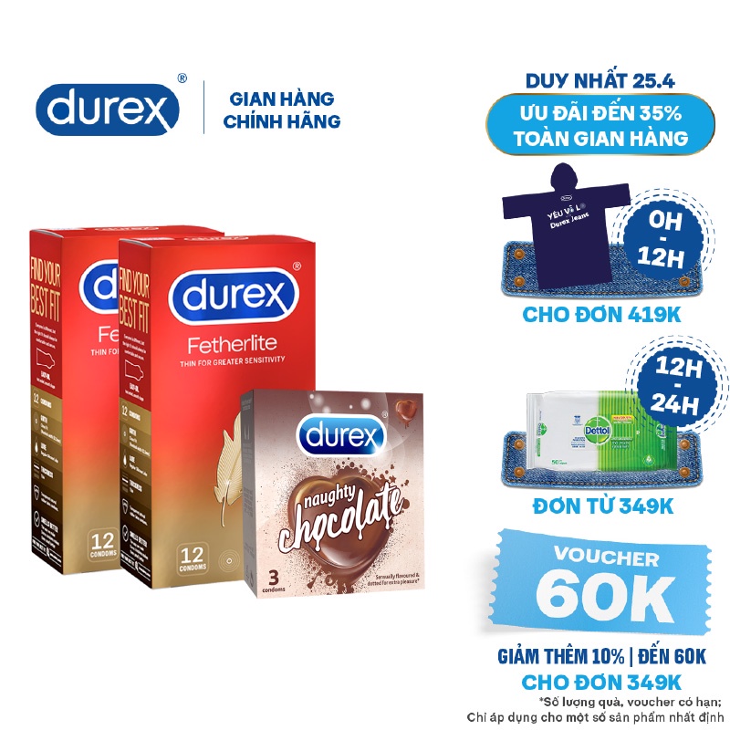 Bộ 2 Bao cao su Durex Fetherlite (12 bao/hộp) + Tặng 1 hộp Durex Naughty Chocolate (3 bao/hộp)