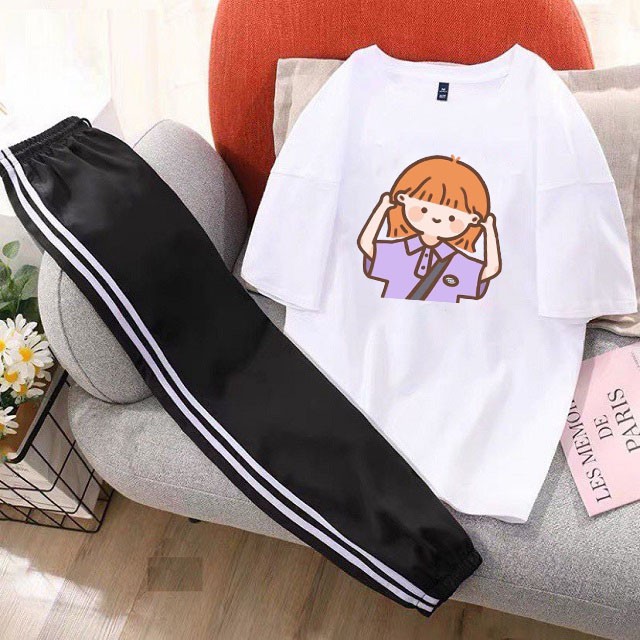Combo Đi Chơi,Thể Thao,Gồm Áo Phông Cotton Organic Ngắn Tay In Hình Bé Áo Tím Mix Quần Thun Dài Bo Gấu Sọc Kẻ Trắng