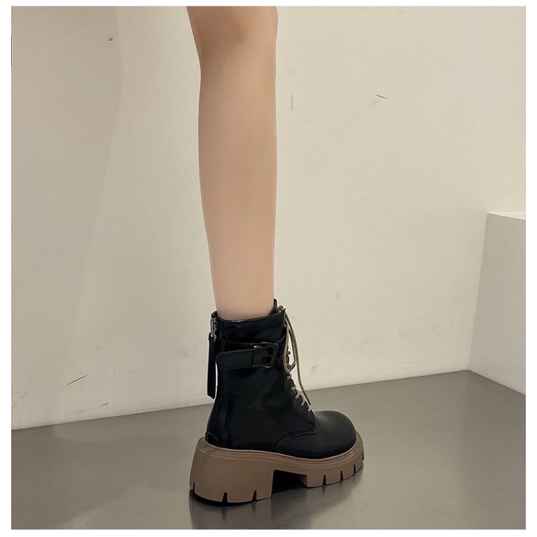 Boots martin nữ cổ ngắn đan dây đế răng cưa cao 5cm có khoá kéo