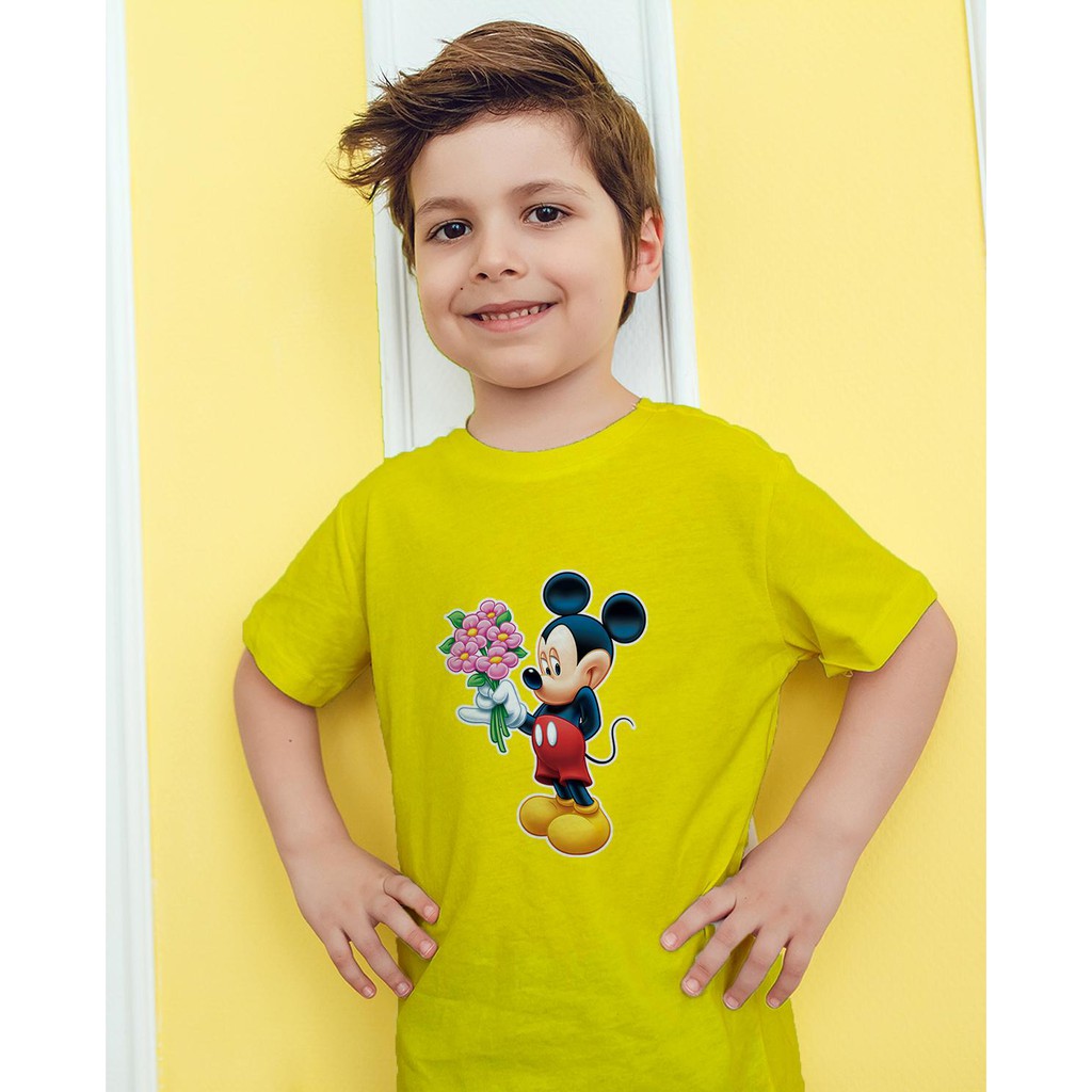 Áo thun Trẻ em in hình Mickey cầm hoa Cotton Thun - Dẽ Thương