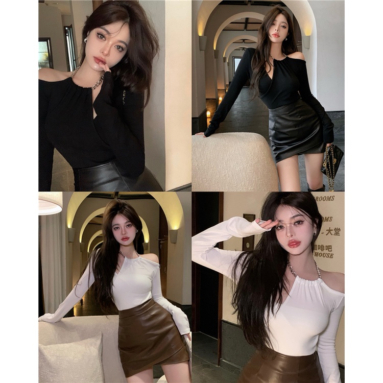 Áo Thun Tay Dài Lệch Vai + Chân Váy Da Lưng Cao Gợi Cảm Cho Nữ
