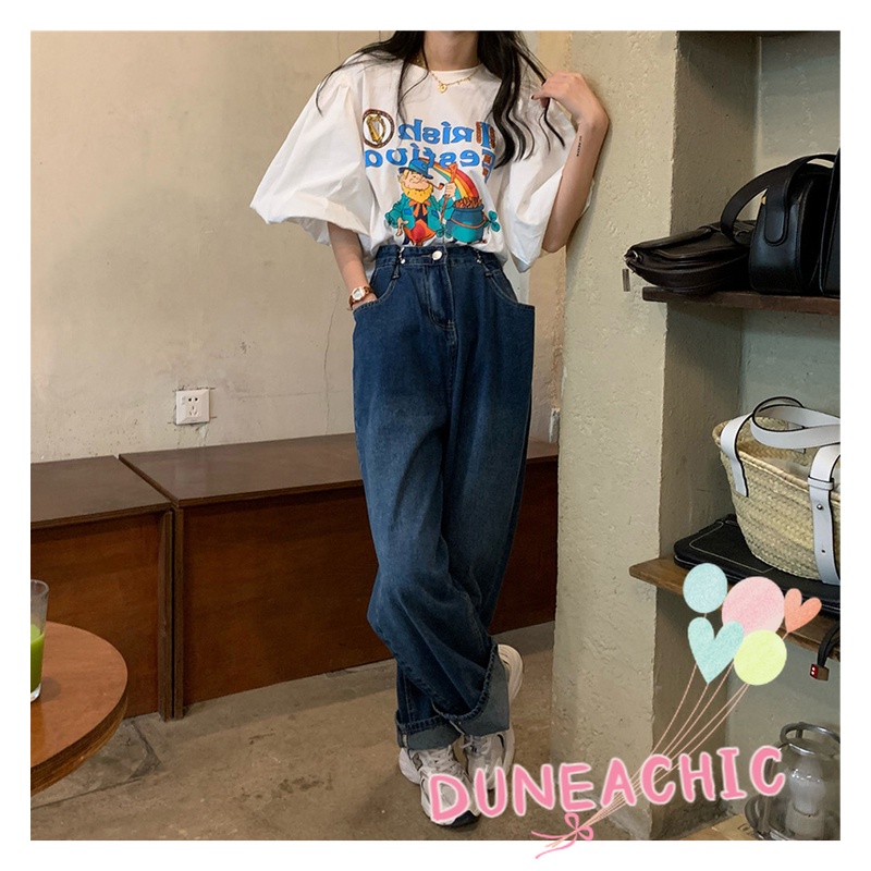 DUNEA Áo Thun Tay Ngắn Phồng Dáng Rộng Thời Trang Cho Nữ