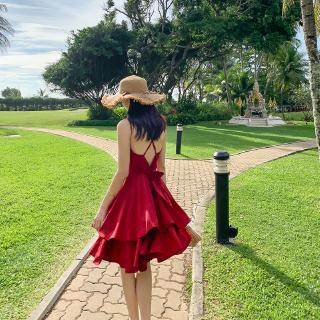 Đầm Đi Biển Màu Đỏ Rượu Vang Phối Bèo Kiểu Vintage Nữ Tính