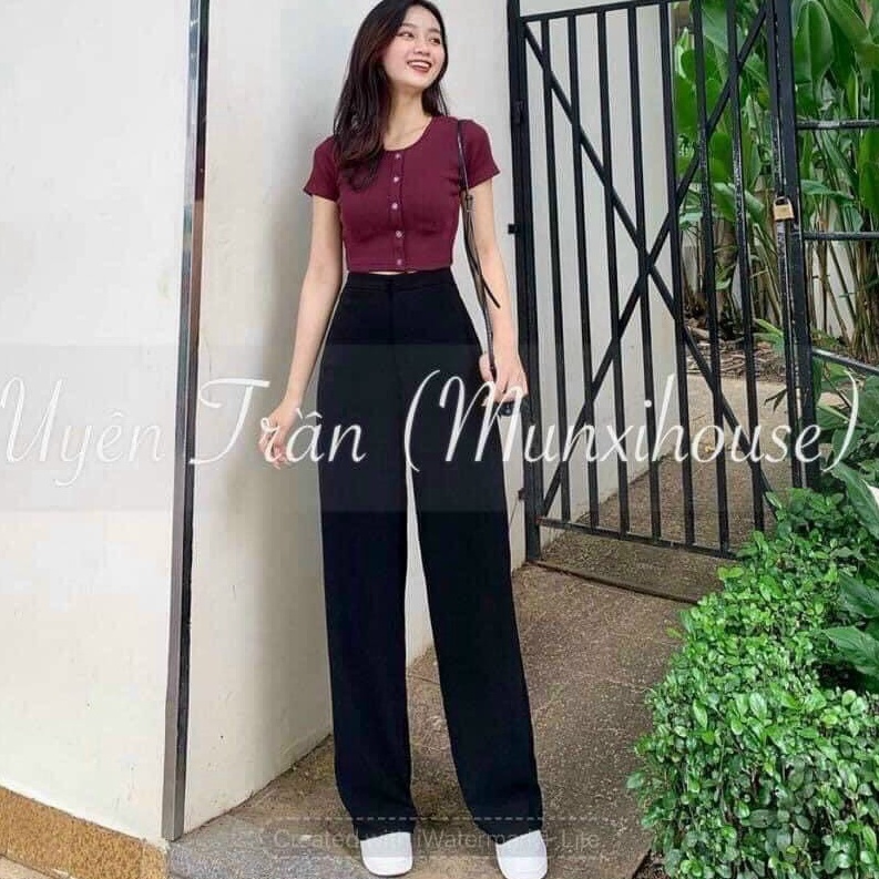 Quần vải ống rộng cạp lưng cao dáng suông đứng dài chất vải đen mềm đi học sinh Quần tây ống rộng khóa trước làm công sở