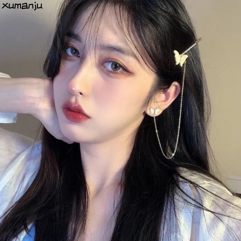 Bông Tai Dáng Dài Hình Bướm Phối Dây Xích Phong Cách Độc Đáo Thời Trang Cho Nữ