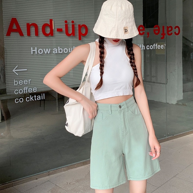 Quần Short Denim Lưng Cao Ống Rộng Màu Trơn Thời Trang Hàn Quốc Cho Nữ