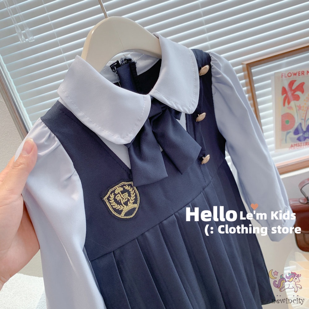 Bộ Áo Sơ Mi Đính Nơ + Chân Váy Xếp Ly Phong Cách Hàn Quốc Thời Trang Mùa Thu Cho Bé Gái