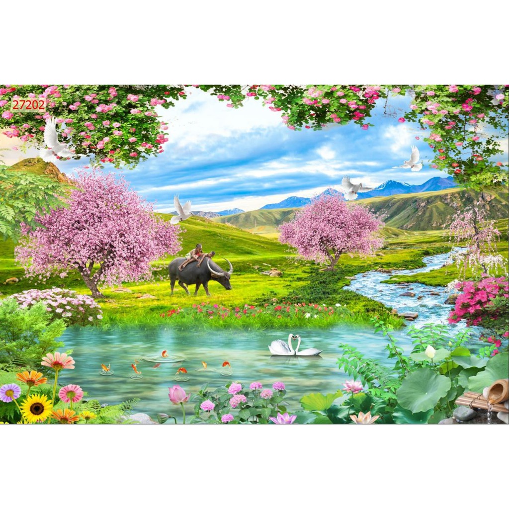 Tranh dán tường 3d phong cảnh thiên nhiên trang trí phòng khách chất liệu decal pp keo sẵn bóc dán atk9