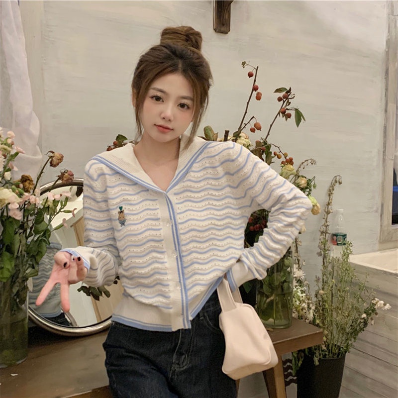 Áo cardigan ZHELIHANGFEI dệt kim tay dài cổ thủy thủ kẻ sọc dáng rộng dễ phối đồ