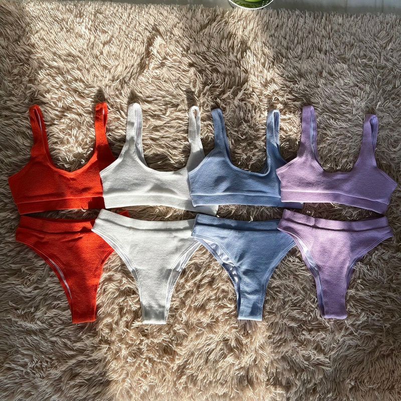 Bikini Len Tăm Pastel Cổ Vuông Quần Cạp Cao