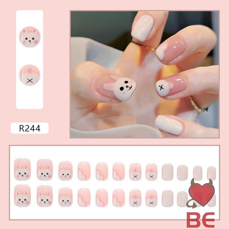 YADORNOS Set 24 móng tay giả họa tiết thỏ hoạt hình đáng yêu