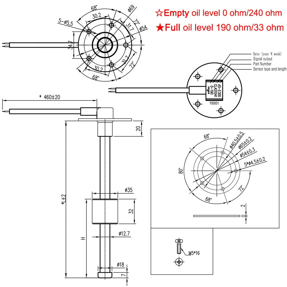 Cảm Biến Đo Mức Nước Nhiên Liệu 100mm-1000mm 0~190 240~33 ohm Cho Tàu Thuyền