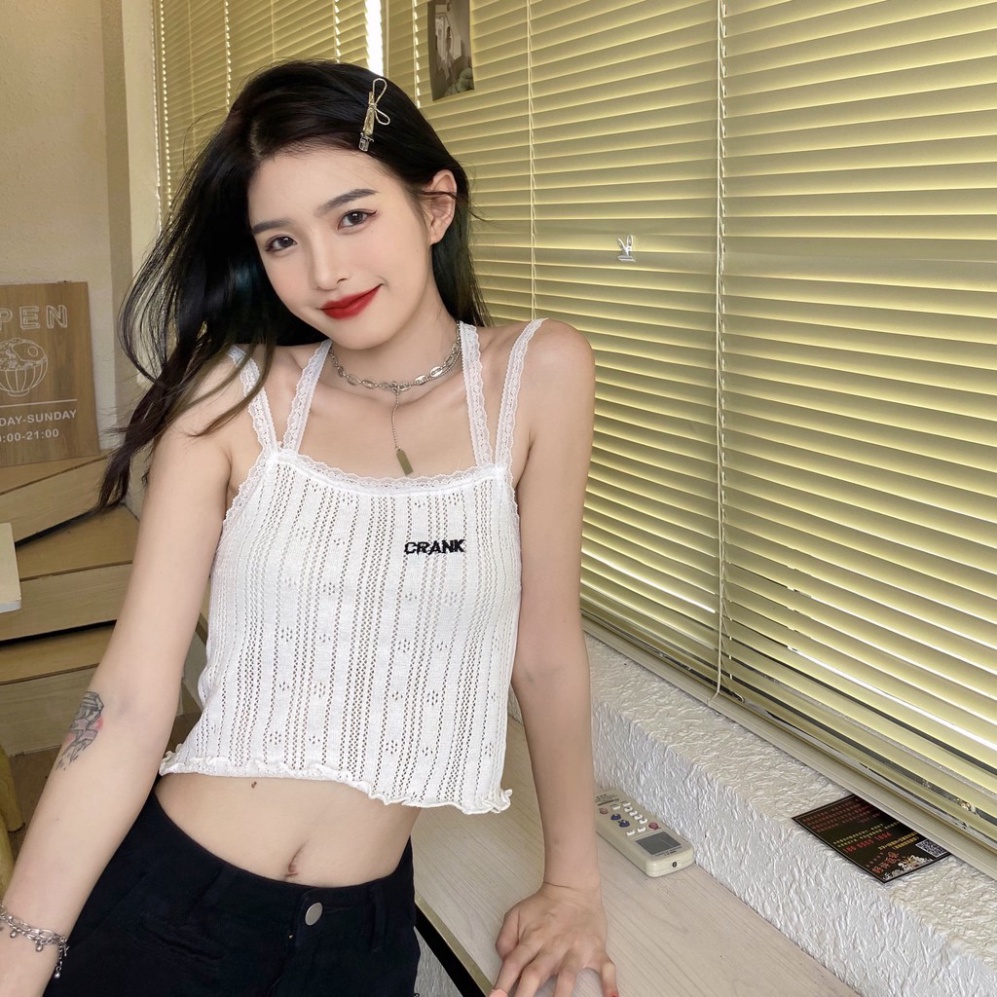 Áo croptop 2 dây ren ôm body thêu chữ CRANK chất liệu dệt kim cao cấp -ACN26 nội y xanh chất cực đẹp, sang chảnh, đồ lót